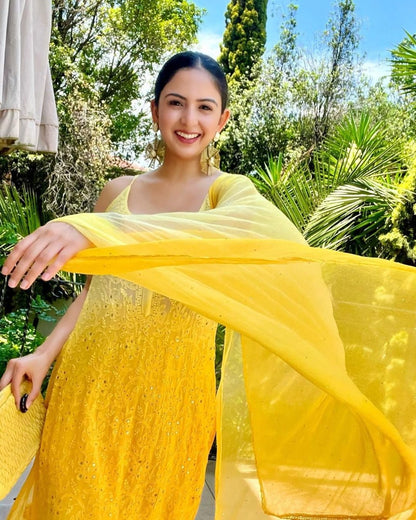Yellow georgette embroidery work sharara suit for haldi ceremony