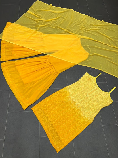 Yellow georgette embroidery work sharara suit for haldi ceremony