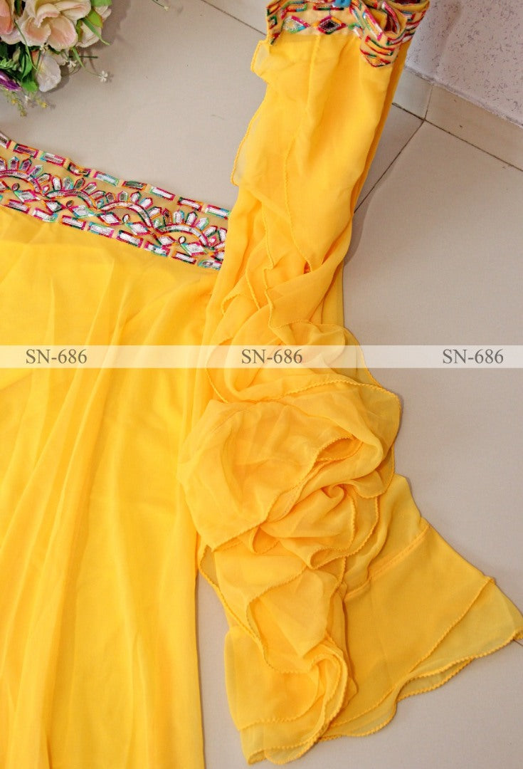 Yellow georgette fancy thread paper mirror work lehenga choli