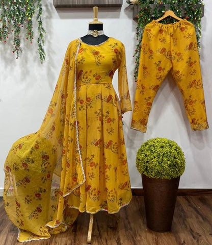 Yellow georgette floral printed anarkali suit