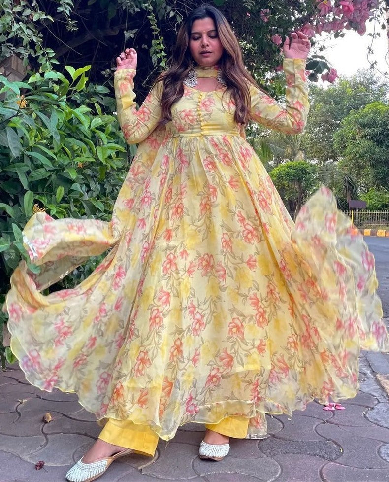 Yellow georgette floral printed anarkali suit