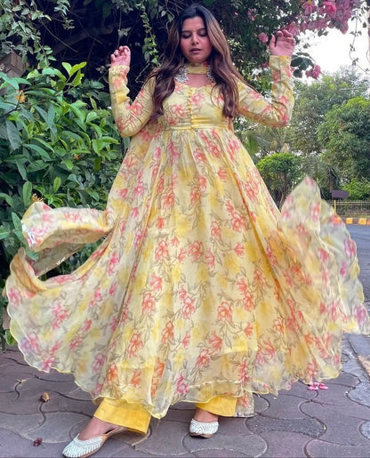 Yellow georgette floral printed anarkali suit