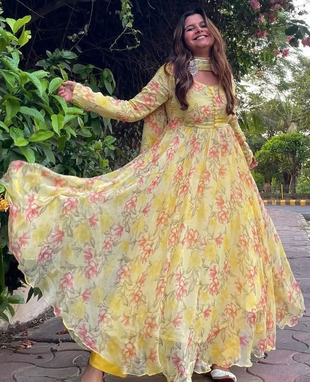 Yellow georgette floral printed anarkali suit