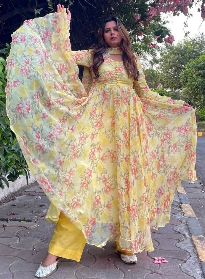Yellow georgette floral printed anarkali suit