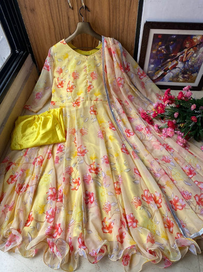 Yellow georgette floral printed anarkali suit