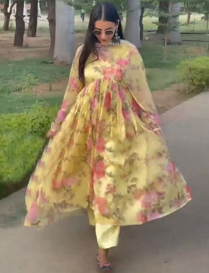 Yellow georgette floral printed casual anarkali suit