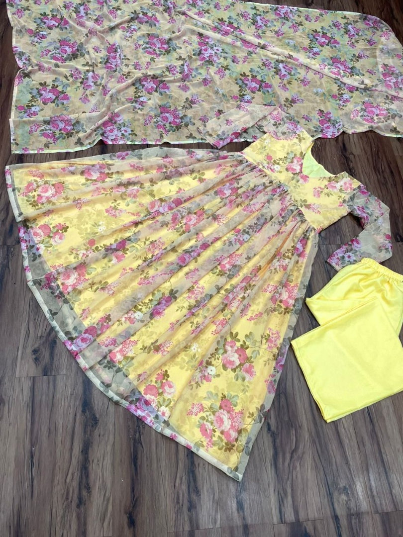 Yellow georgette floral printed casual anarkali suit