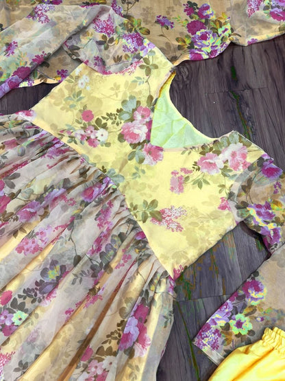 Yellow georgette floral printed casual anarkali suit