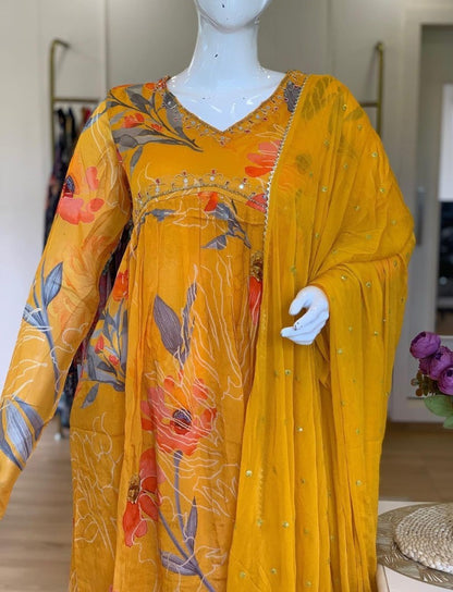 Yellow georgette floral printed hand work alia cut suit