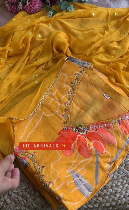 Yellow georgette floral printed hand work alia cut suit