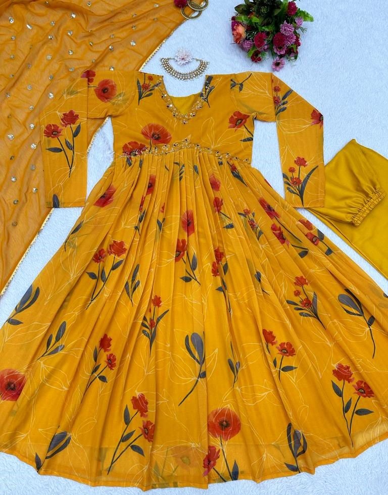 Yellow georgette floral printed hand work alia cut suit
