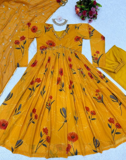 Yellow georgette floral printed hand work alia cut suit