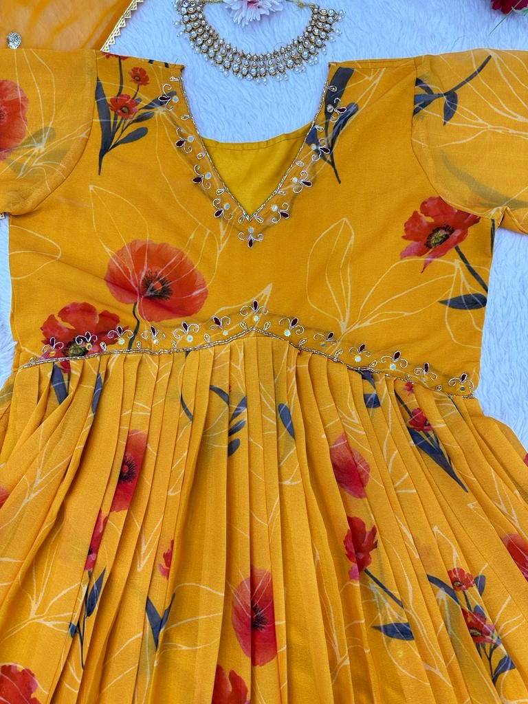 Yellow georgette floral printed hand work alia cut suit