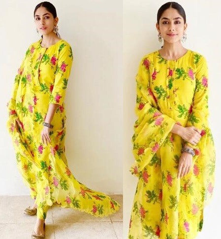 Yellow georgette floral printed plazzo suit