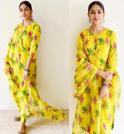 Yellow georgette floral printed plazzo suit