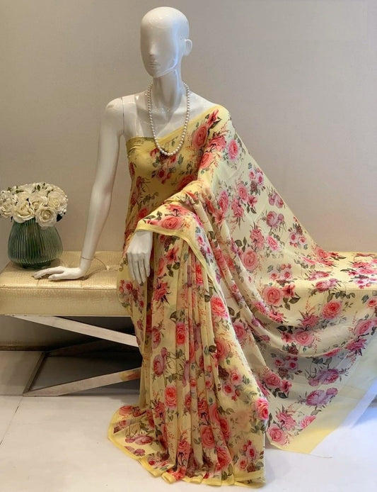 Yellow georgette floral printed saree
