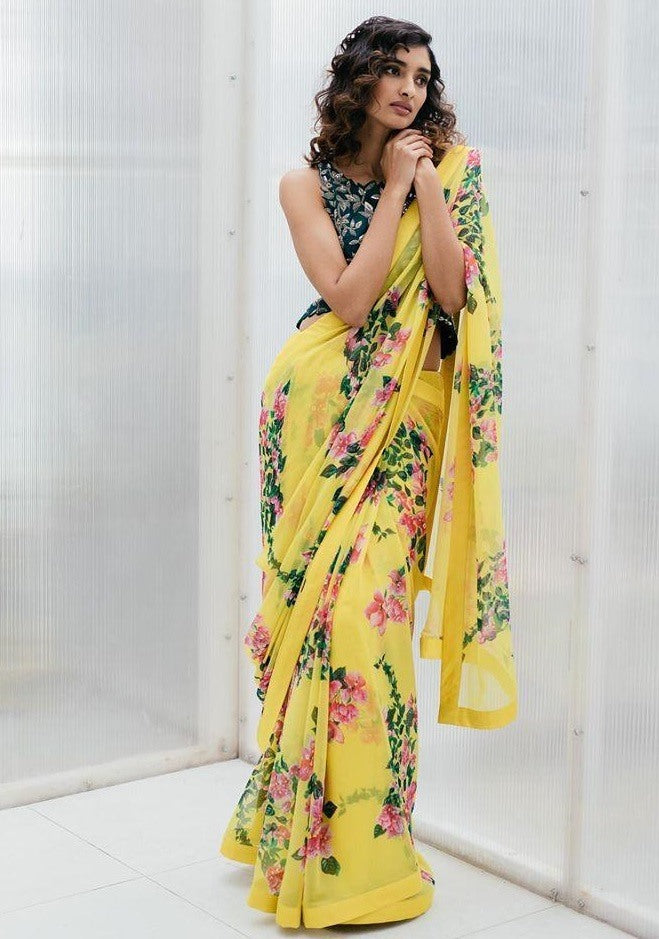 Yellow georgette floral printed saree