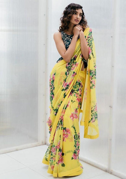 Yellow georgette floral printed saree