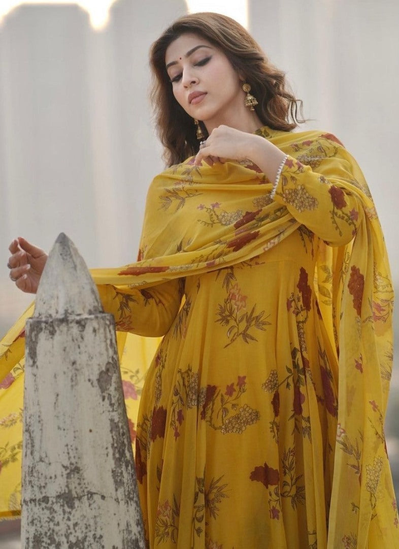 Yellow georgette flower printed anarkali suit