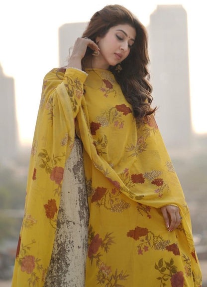 Yellow georgette flower printed anarkali suit