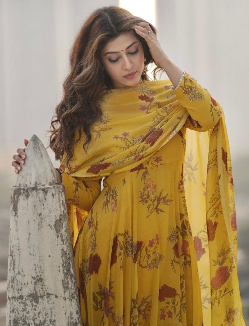 Yellow georgette flower printed anarkali suit
