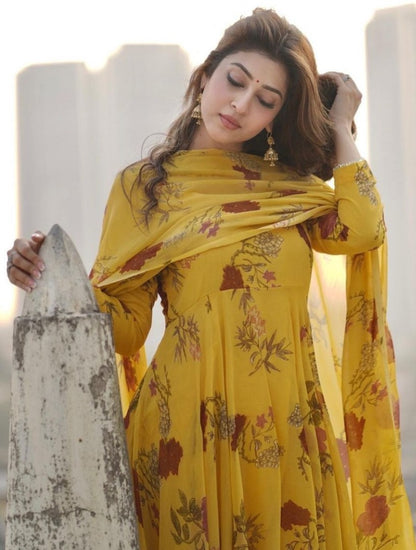 Yellow georgette flower printed anarkali suit