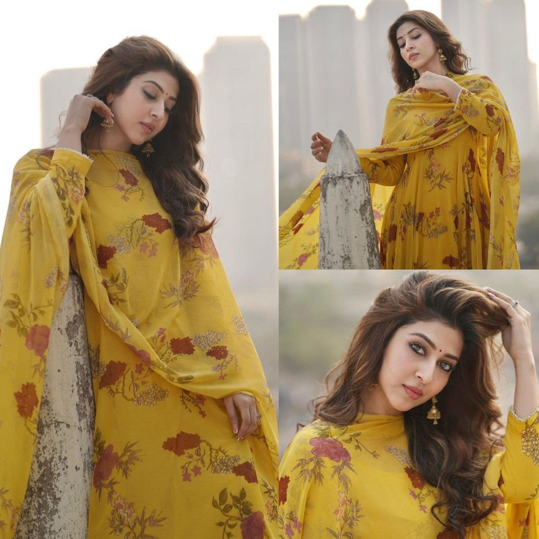 Yellow georgette flower printed anarkali suit