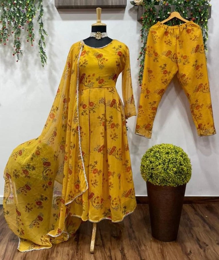 Yellow georgette flower printed anarkali suit