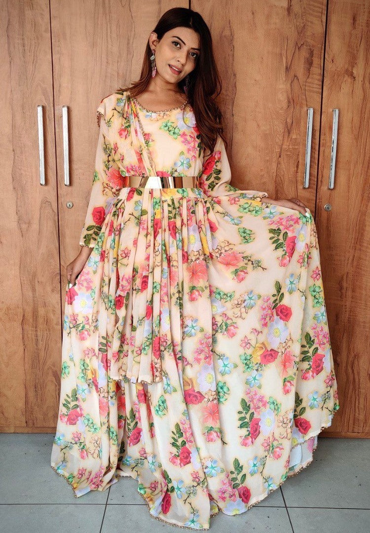 Yellow georgette flower printed anarkali suit