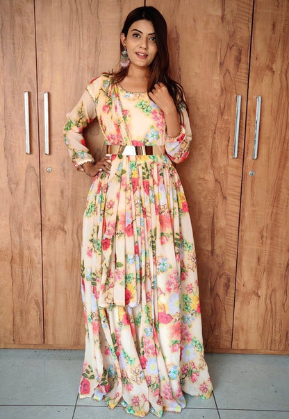 Yellow georgette flower printed anarkali suit