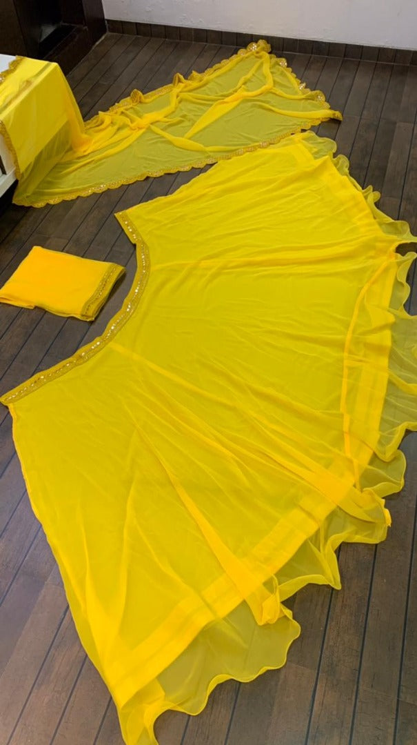 Yellow georgette foil mirror work ceremonial lehenga choli