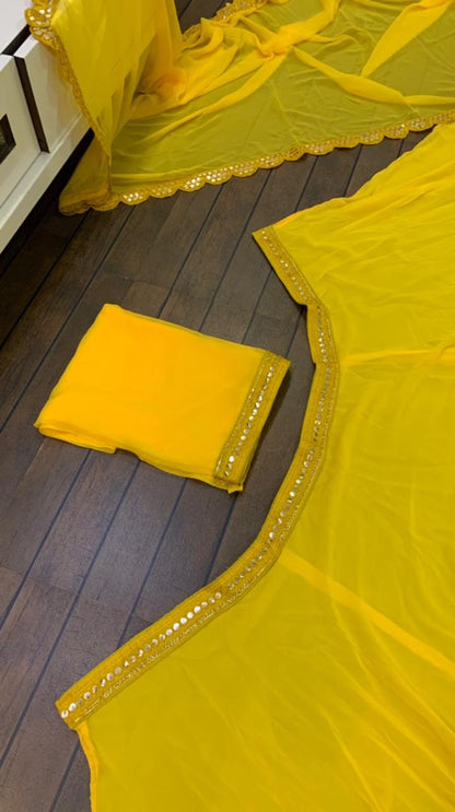 Yellow georgette foil mirror work ceremonial lehenga choli