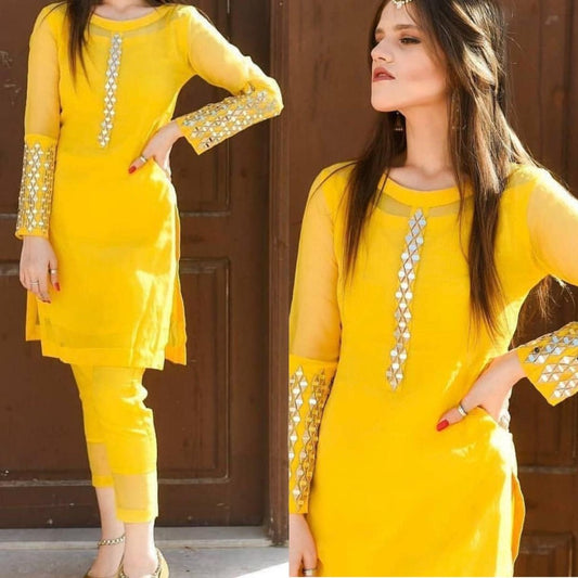 Yellow georgette foil mirror work kurti