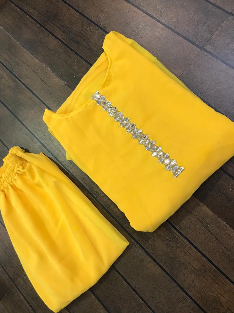 Yellow georgette foil mirror work kurti