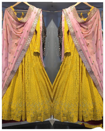 Yellow georgette heavy ari worked wedding long anarkali suit