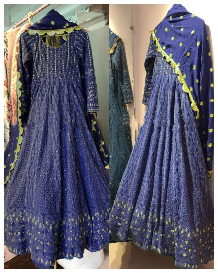 Yellow georgette heavy ari worked wedding long anarkali suit