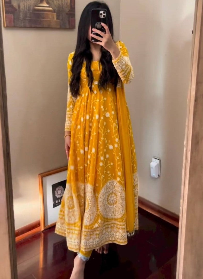 Yellow georgette heavy embroidered anarkali suit