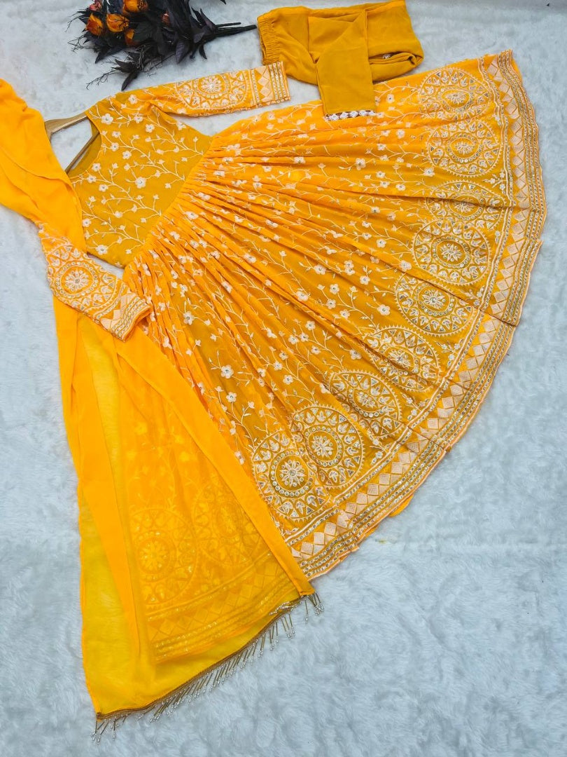 Yellow georgette heavy embroidered anarkali suit