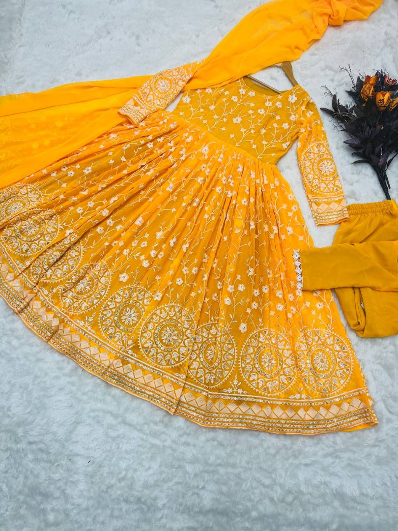 Yellow georgette heavy embroidered anarkali suit