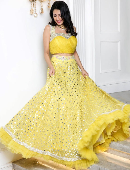 Yellow georgette heavy embroidered foil paper work lehenga choli for haldi ceremony
