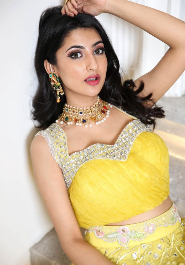 Yellow georgette heavy embroidered foil paper work lehenga choli for haldi ceremony