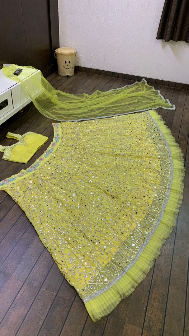 Yellow georgette heavy embroidered foil paper work lehenga choli for haldi ceremony