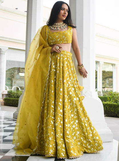 Yellow georgette heavy embroidered lehenga choli for haldi ceremony