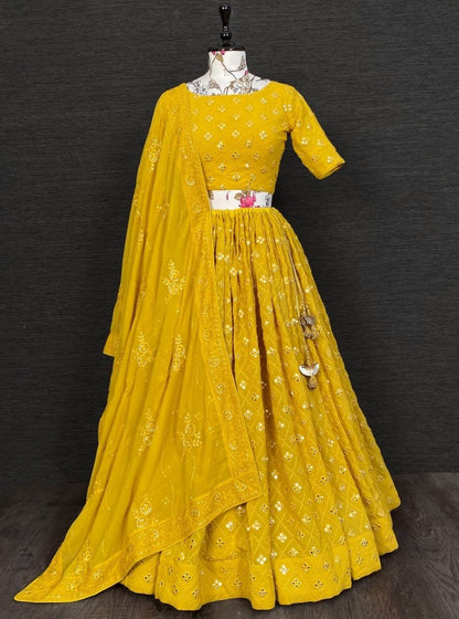 Yellow georgette heavy embroidered lehenga choli for haldi ceremony