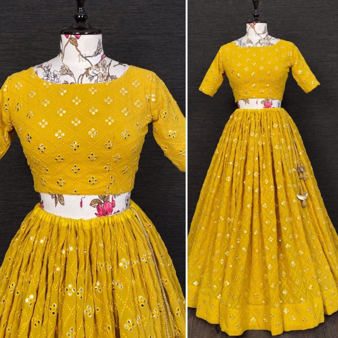 Yellow georgette heavy embroidered lehenga choli for haldi ceremony