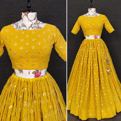 Yellow georgette heavy embroidered lehenga choli for haldi ceremony