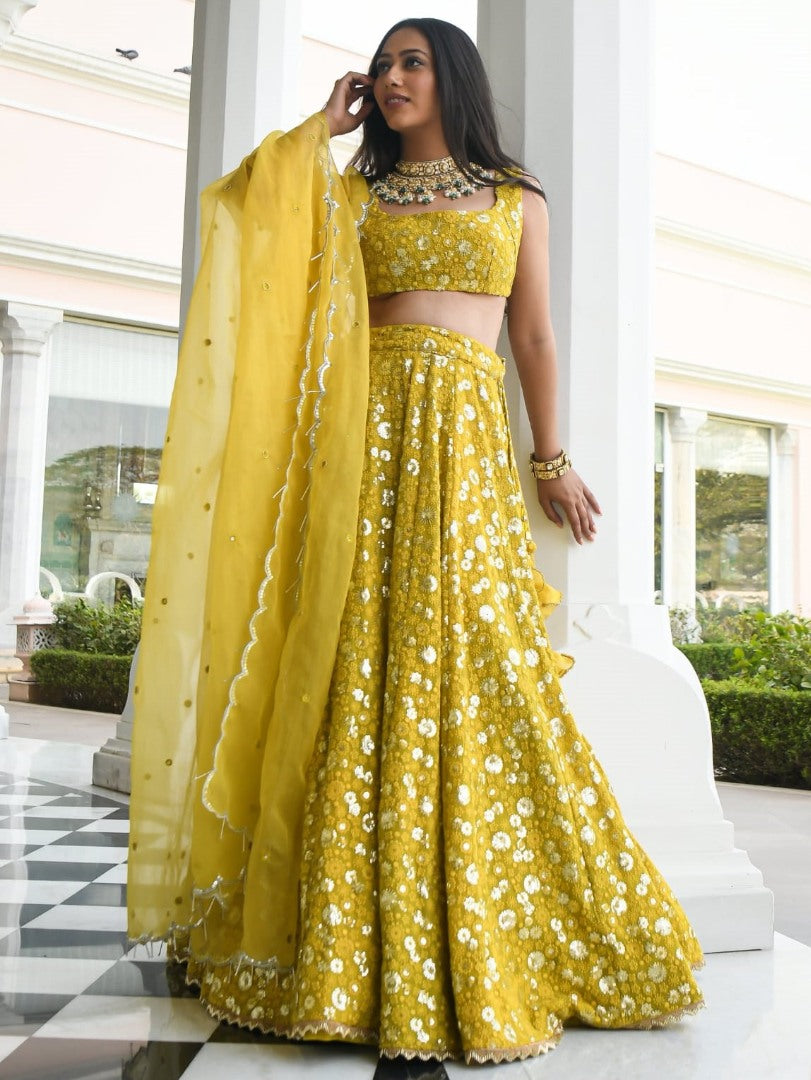 Yellow georgette heavy embroidered lehenga choli for haldi ceremony