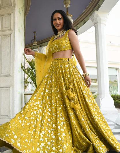 Yellow georgette heavy embroidered lehenga choli for haldi ceremony