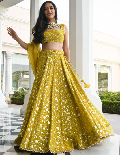 Yellow georgette heavy embroidered lehenga choli for haldi ceremony