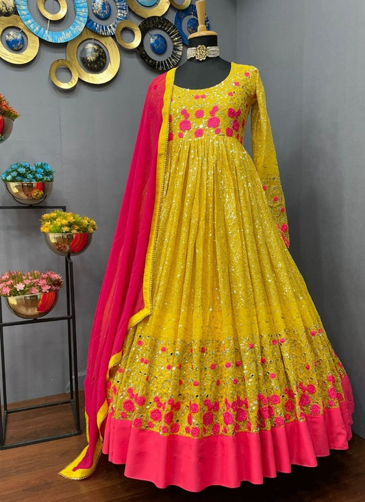 Yellow georgette heavy embroidered long anarkali suit